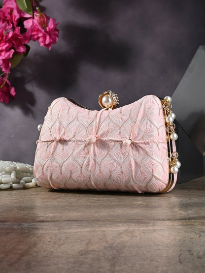 Pink & Gold Textured Embellished Box Clutch with Wrist Strap