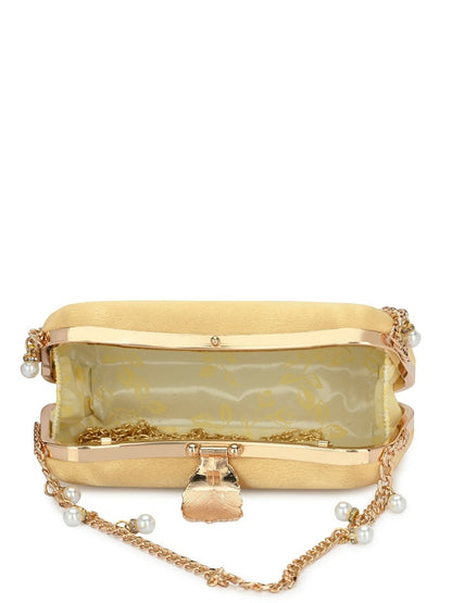 Gold-Toned Embellished Box Clutch with Shoulder Strap