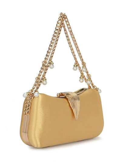 Gold-Toned Embellished Box Clutch with Shoulder Strap