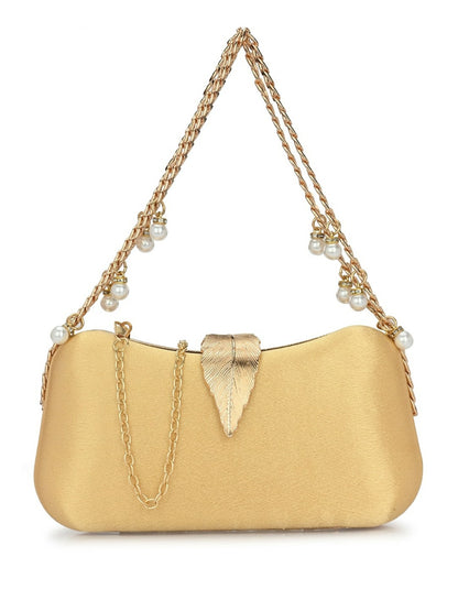 Gold-Toned Embellished Box Clutch with Shoulder Strap