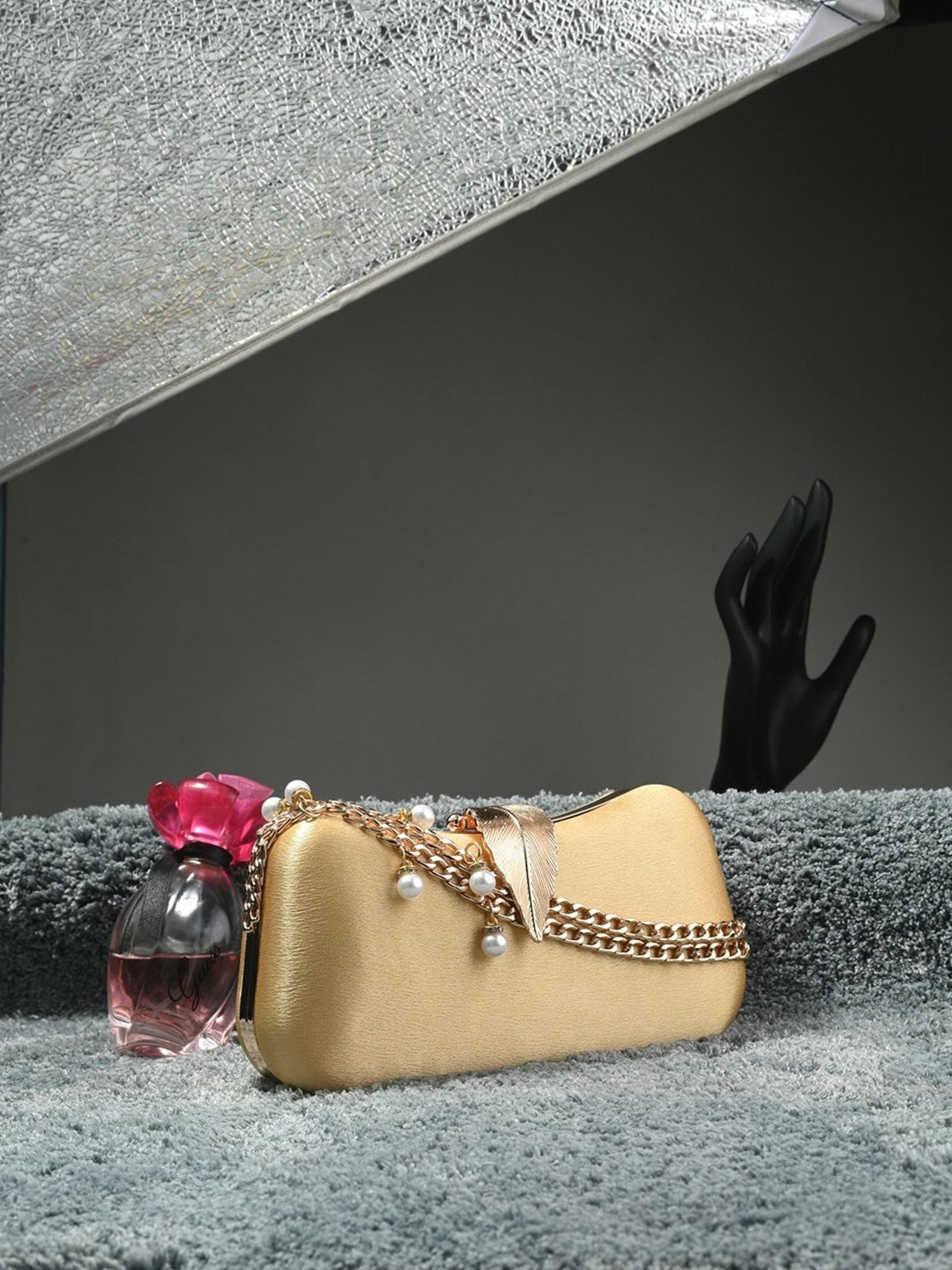 Gold-Toned Embellished Box Clutch with Shoulder Strap