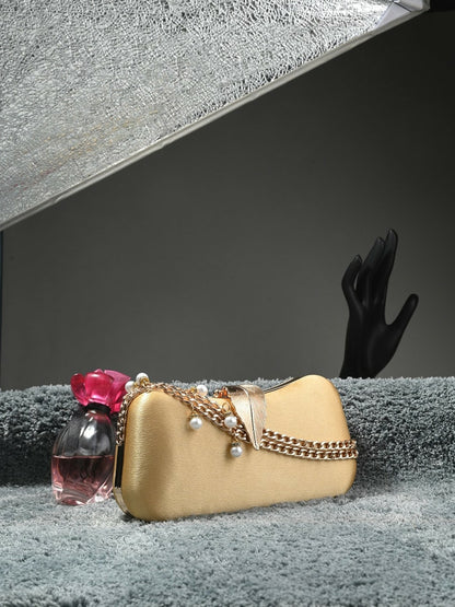 Gold-Toned Embellished Box Clutch with Shoulder Strap
