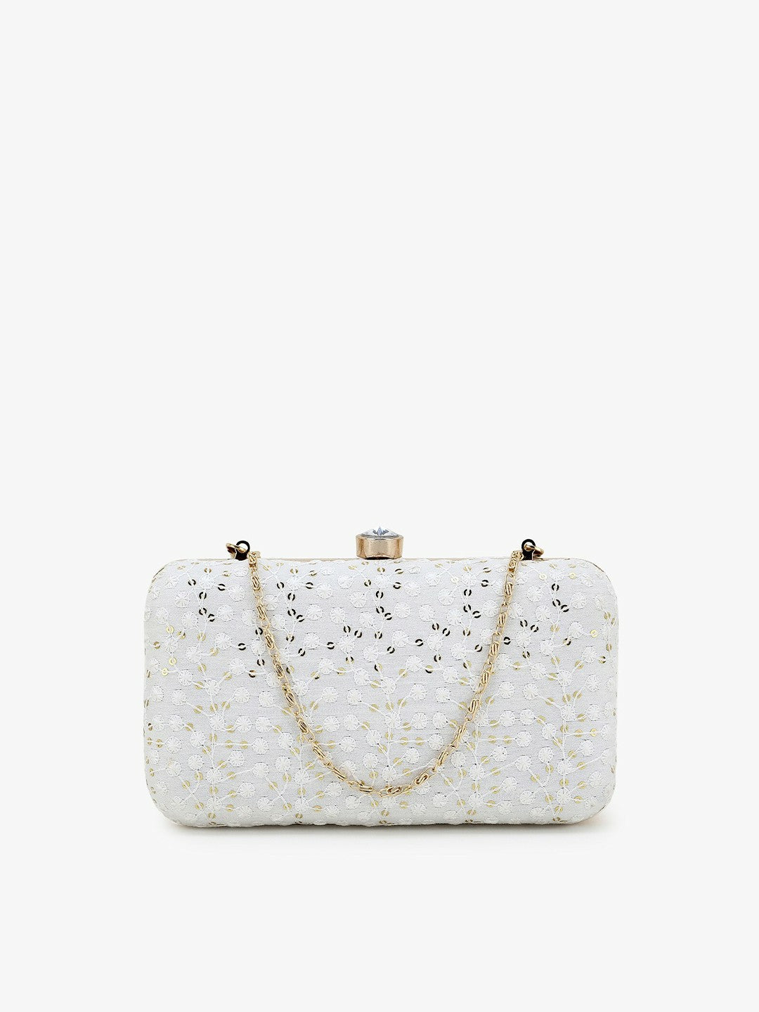 White & Gold Embroidered Box Clutch with Shoulder Strap – Elegant Evening Handbag with Click Closure