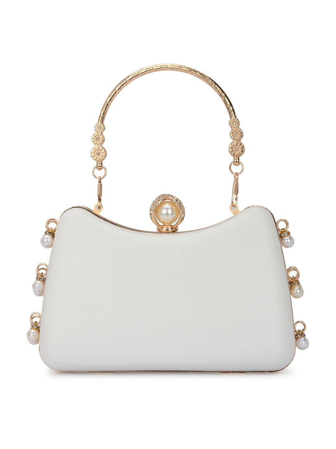 White & Gold Embellished Box Clutch with Shoulder Strap