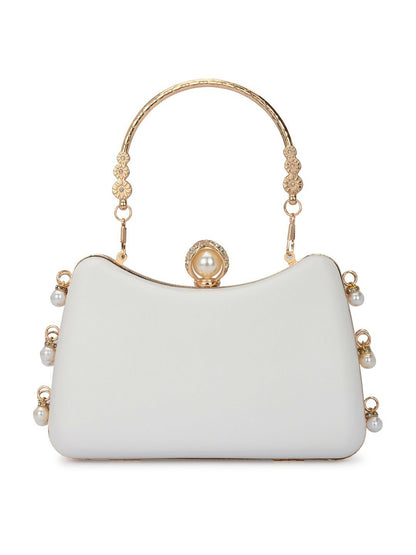 White & Gold Embellished Box Clutch with Shoulder Strap