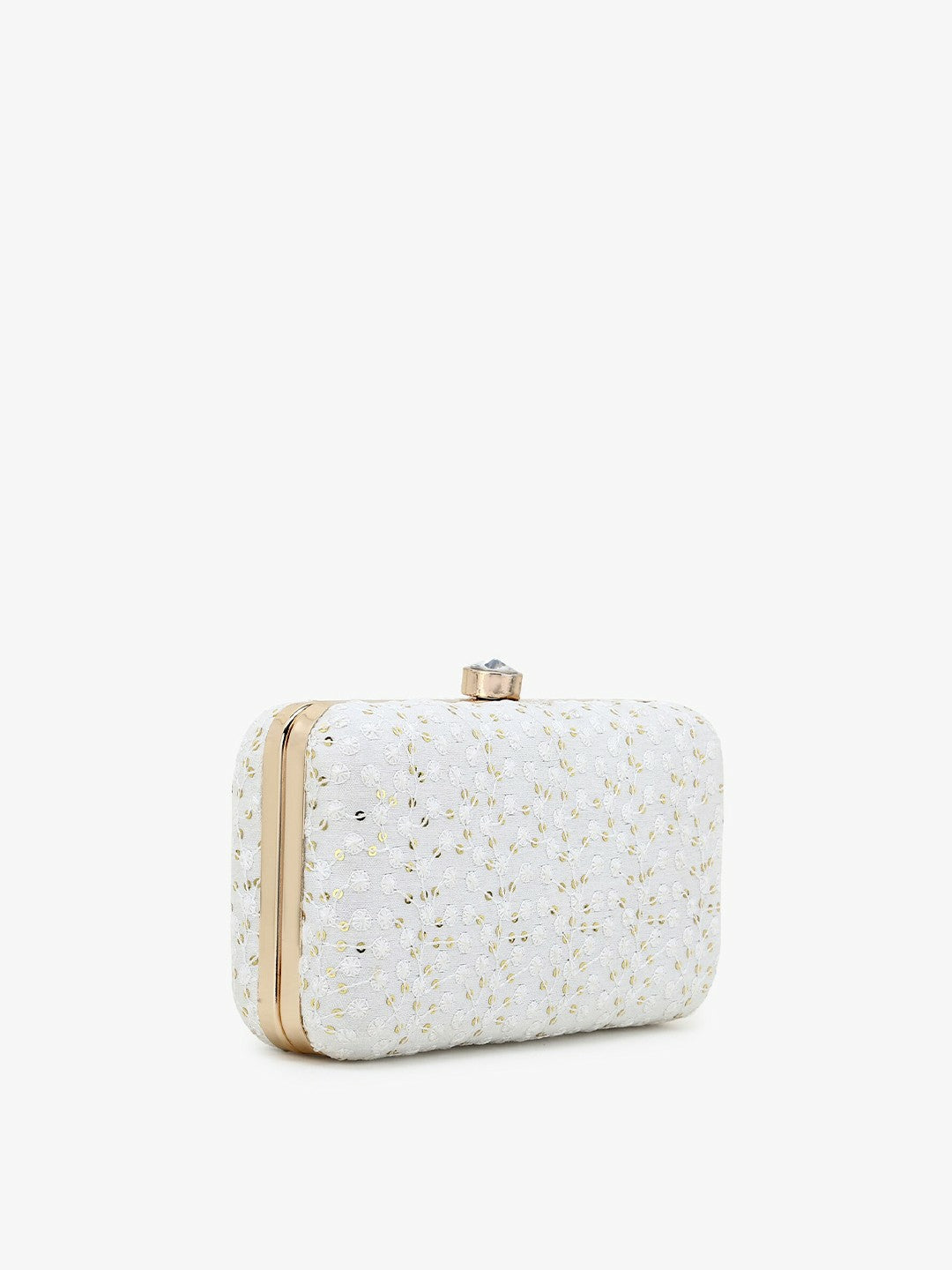 White & Gold Embroidered Box Clutch with Shoulder Strap – Elegant Evening Handbag with Click Closure