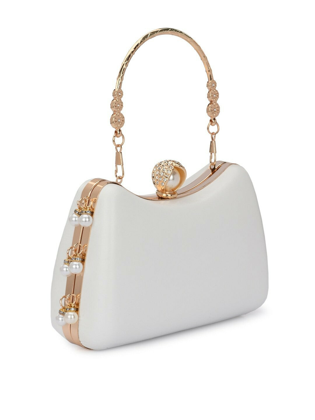 White & Gold Embellished Box Clutch with Shoulder Strap