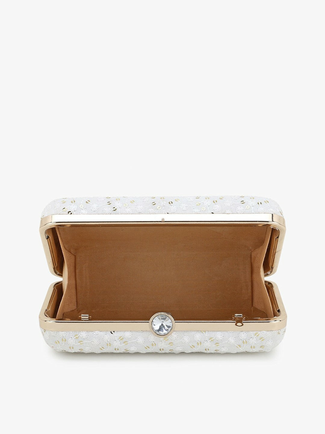 White & Gold Embroidered Box Clutch with Shoulder Strap – Elegant Evening Handbag with Click Closure