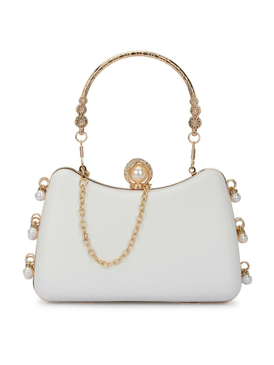 White & Gold Embellished Box Clutch with Shoulder Strap