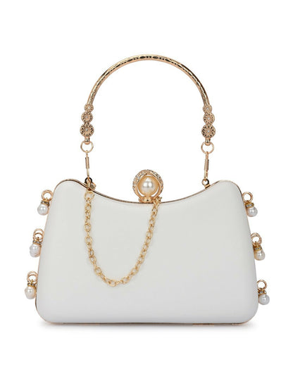 White & Gold Embellished Box Clutch with Shoulder Strap