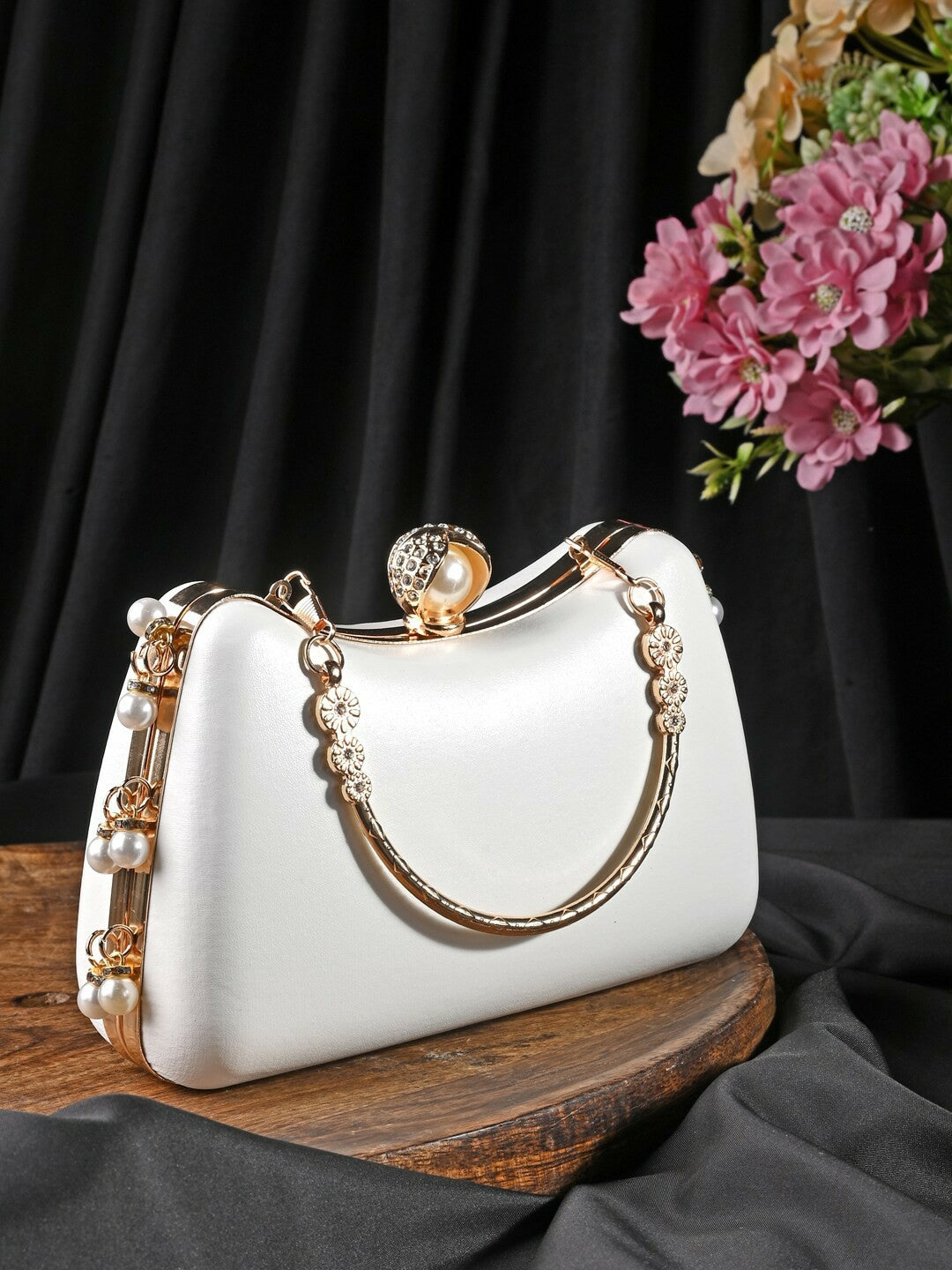 White & Gold Embellished Box Clutch with Shoulder Strap