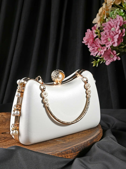 White & Gold Embellished Box Clutch with Shoulder Strap