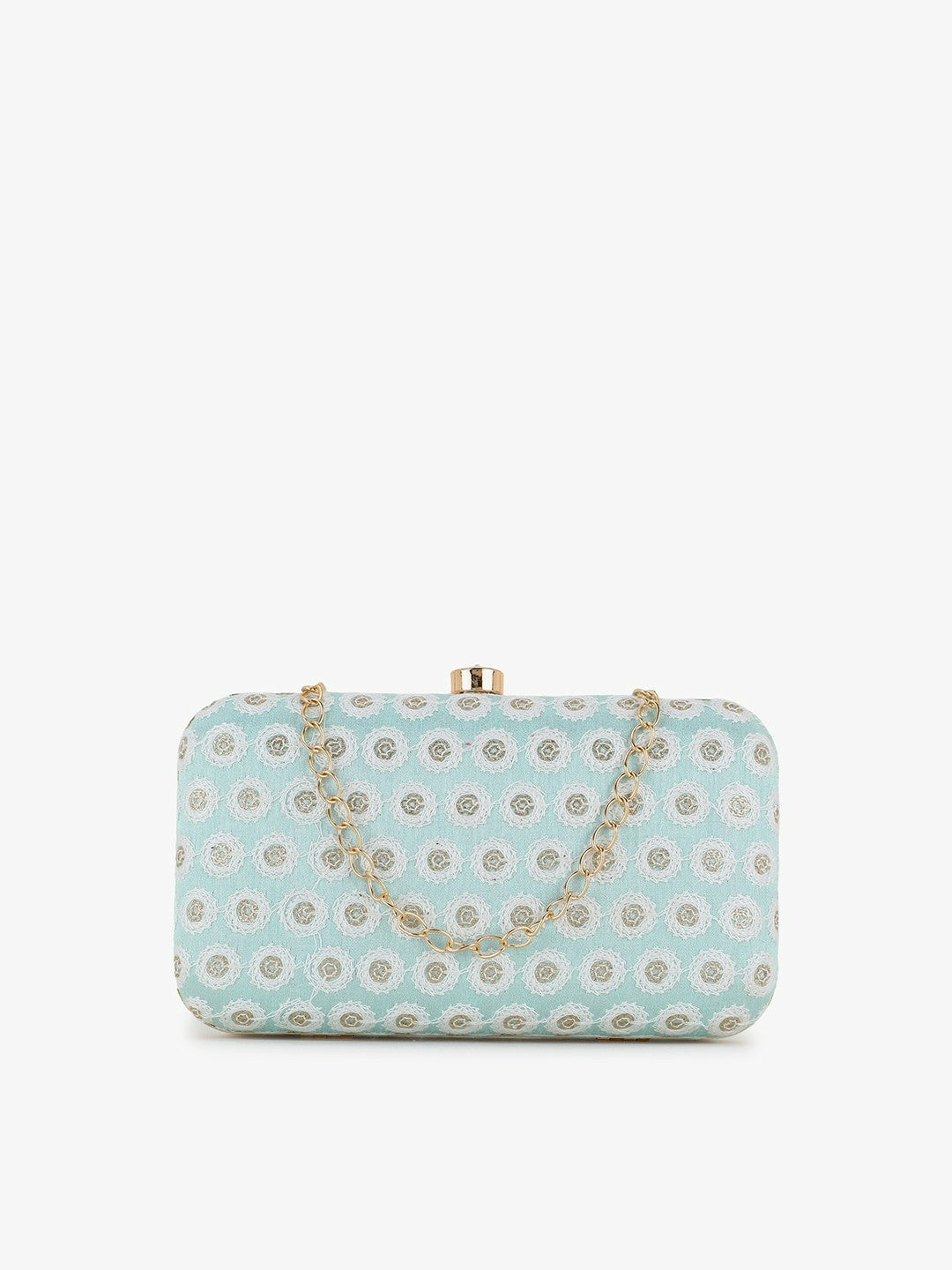 IndiaIsta Pastel Blue, White & Gold Box Clutch – Polka Dot Embroidered Faux Silk with Detachable Shoulder Strap