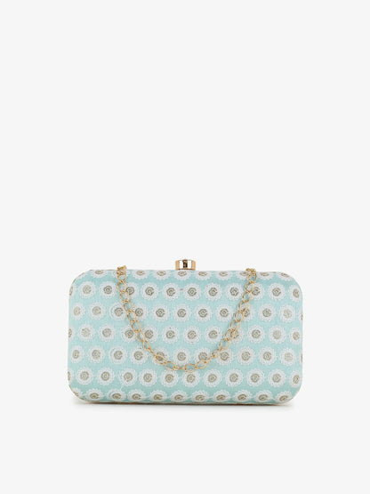 IndiaIsta Pastel Blue, White & Gold Box Clutch – Polka Dot Embroidered Faux Silk with Detachable Shoulder Strap