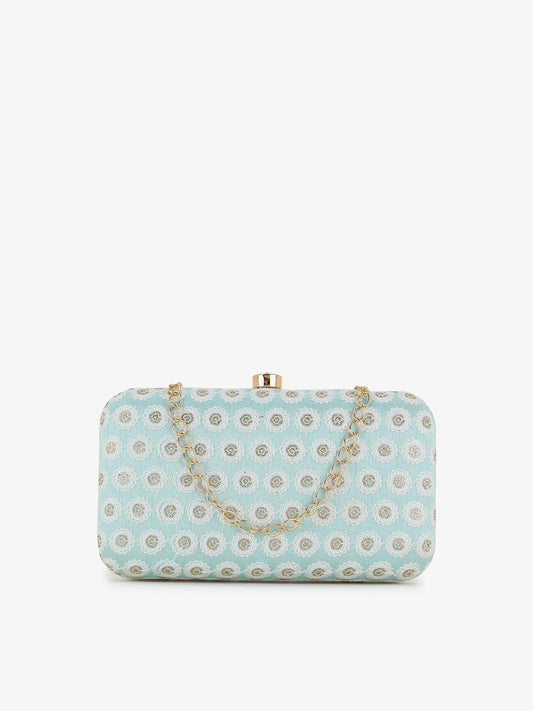 IndiaIsta Pastel Blue, White & Gold Box Clutch – Polka Dot Embroidered Faux Silk with Detachable Shoulder Strap