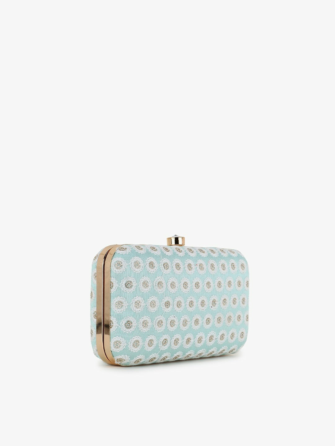 IndiaIsta Pastel Blue, White & Gold Box Clutch – Polka Dot Embroidered Faux Silk with Detachable Shoulder Strap