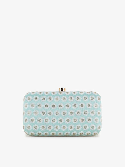 IndiaIsta Pastel Blue, White & Gold Box Clutch – Polka Dot Embroidered Faux Silk with Detachable Shoulder Strap