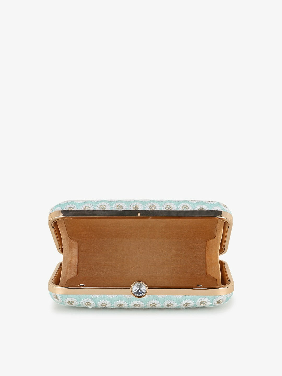 IndiaIsta Pastel Blue, White & Gold Box Clutch – Polka Dot Embroidered Faux Silk with Detachable Shoulder Strap