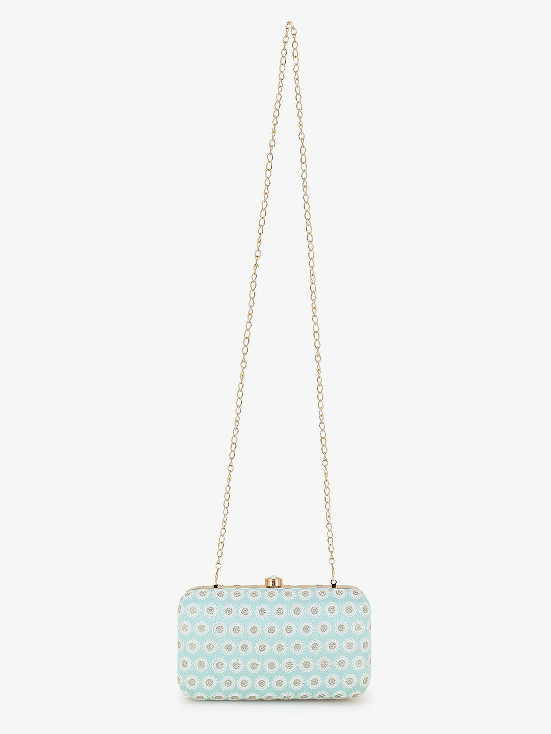 IndiaIsta Pastel Blue, White & Gold Box Clutch – Polka Dot Embroidered Faux Silk with Detachable Shoulder Strap