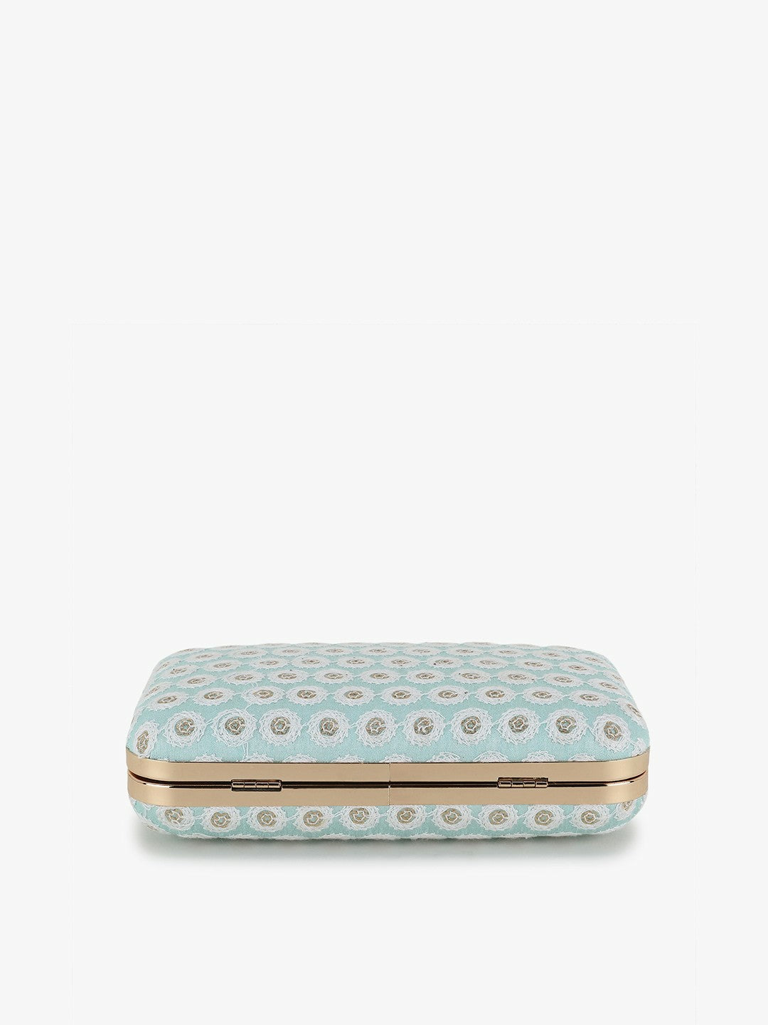 IndiaIsta Pastel Blue, White & Gold Box Clutch – Polka Dot Embroidered Faux Silk with Detachable Shoulder Strap