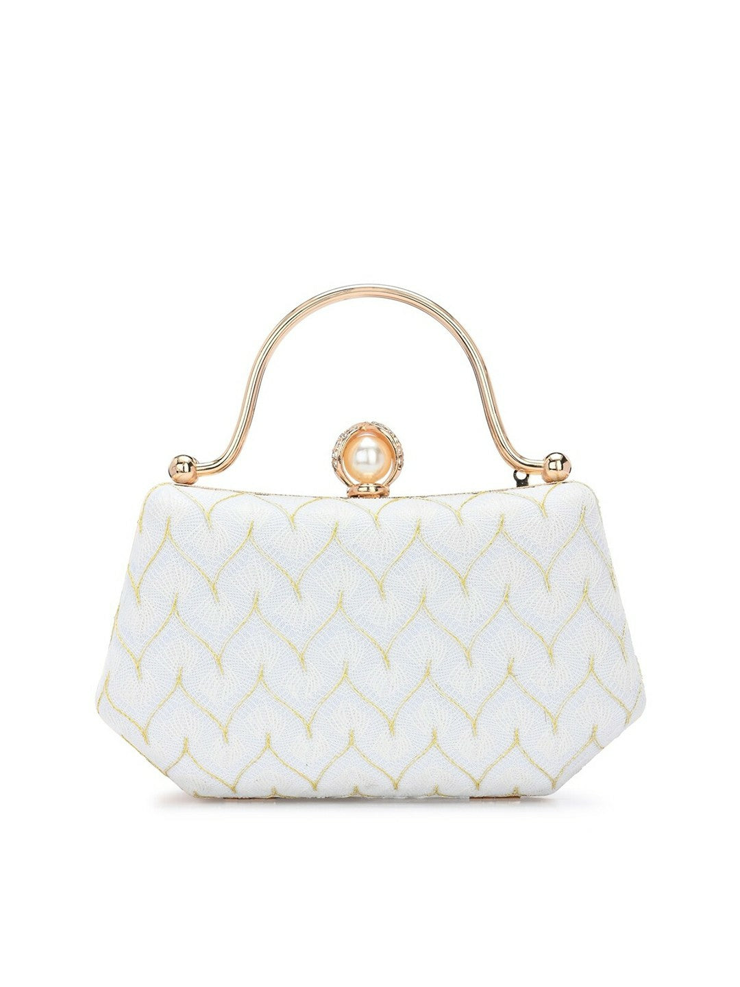 White Embellished Box Clutch with Wrist Loop & Twist Closure