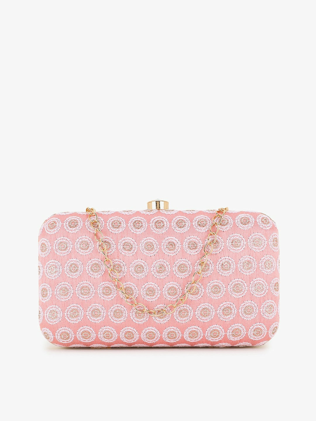 IndiaIsta Pastel Pink & White Box Clutch with Polka Dot Embroidery – Detachable Shoulder Strap & Faux Silk Fabric