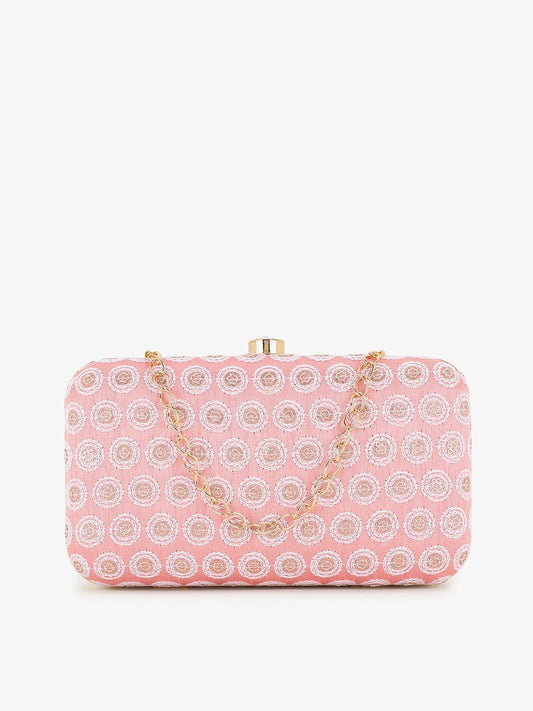 IndiaIsta Pastel Pink & White Box Clutch with Polka Dot Embroidery – Detachable Shoulder Strap & Faux Silk Fabric