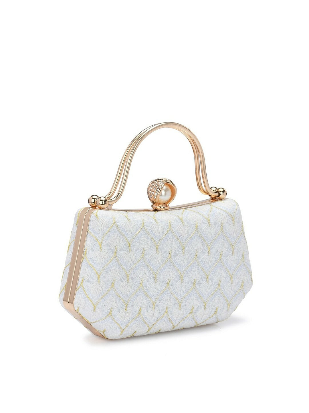 White Embellished Box Clutch with Wrist Loop & Twist Closure