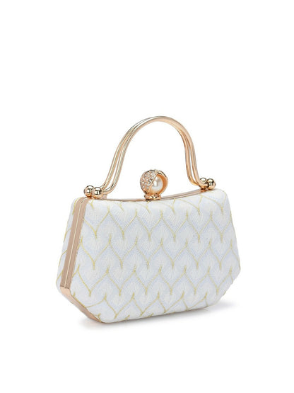 White Embellished Box Clutch with Wrist Loop & Twist Closure