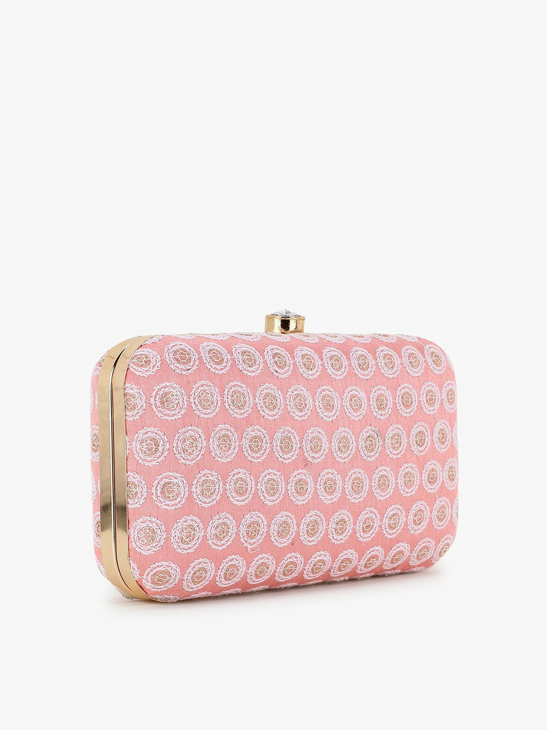 IndiaIsta Pastel Pink & White Box Clutch with Polka Dot Embroidery – Detachable Shoulder Strap & Faux Silk Fabric