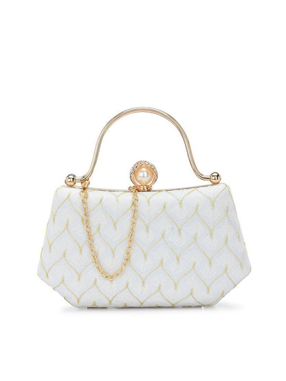 White Embellished Box Clutch with Wrist Loop & Twist Closure