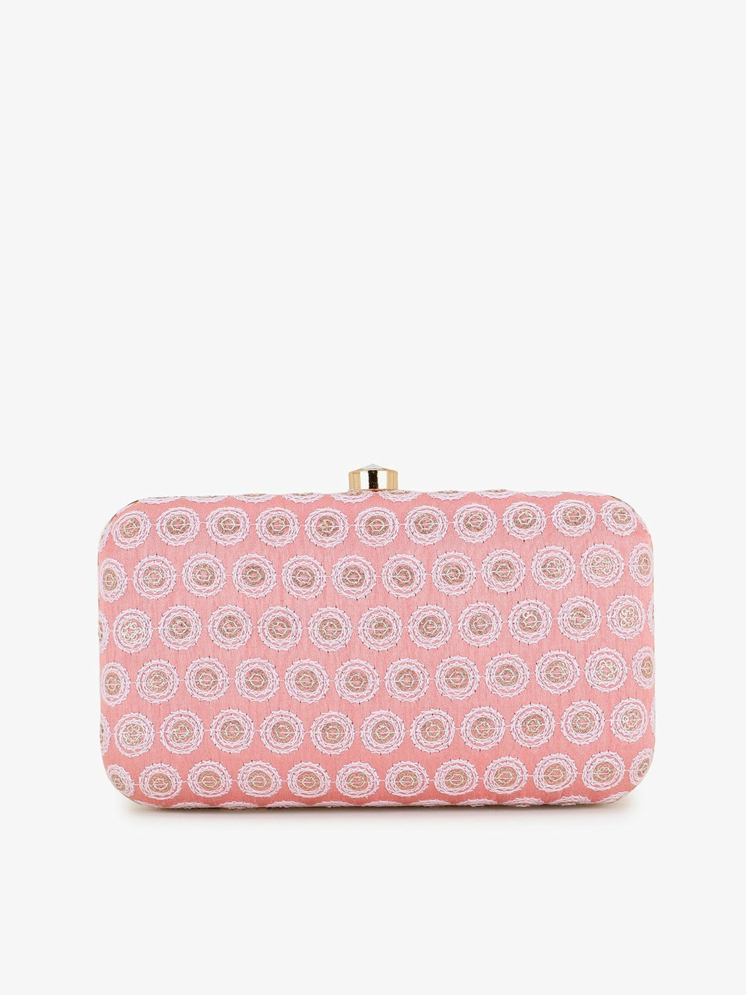 IndiaIsta Pastel Pink & White Box Clutch with Polka Dot Embroidery – Detachable Shoulder Strap & Faux Silk Fabric