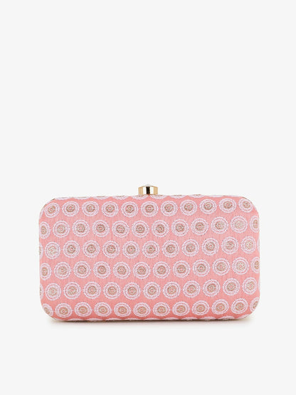 IndiaIsta Pastel Pink & White Box Clutch with Polka Dot Embroidery – Detachable Shoulder Strap & Faux Silk Fabric