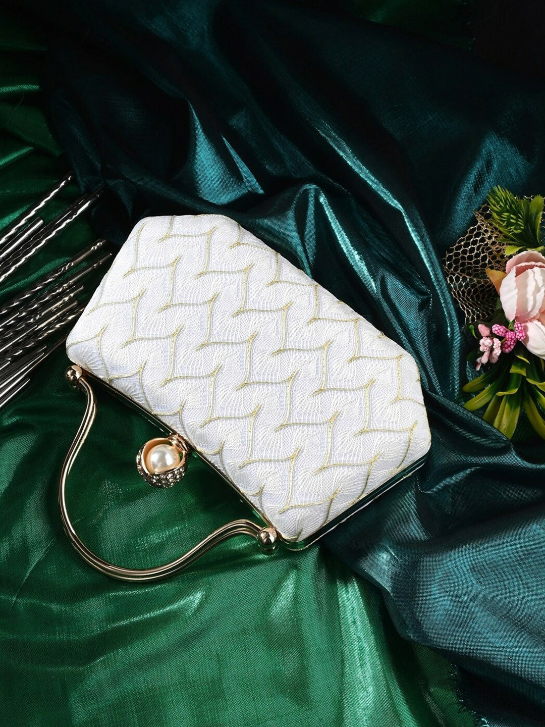 White Embellished Box Clutch with Wrist Loop & Twist Closure