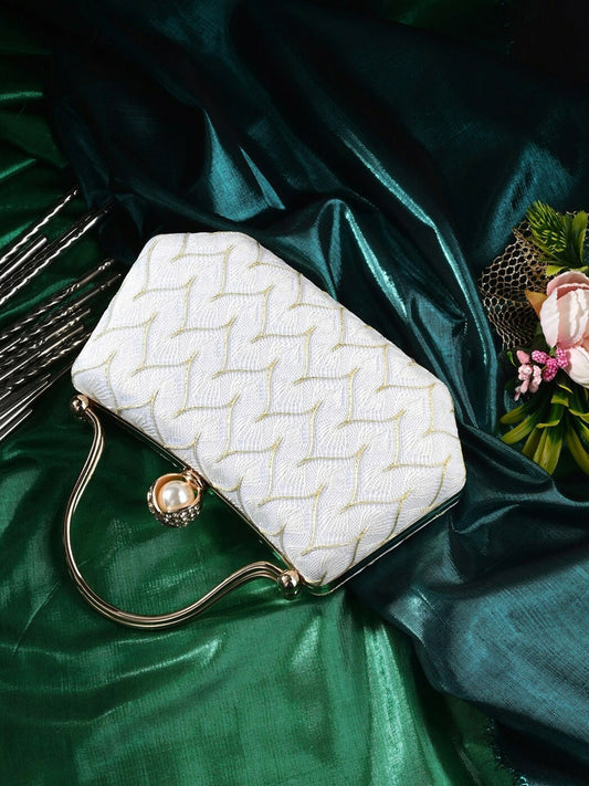 White Embellished Box Clutch with Wrist Loop & Twist Closure