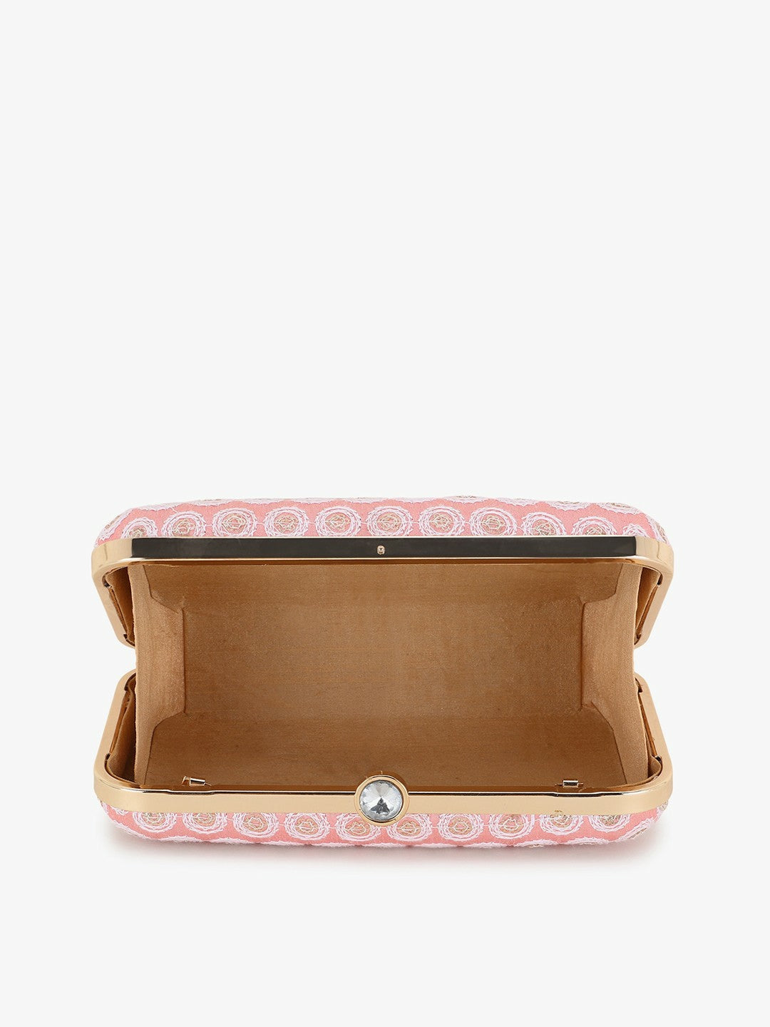 IndiaIsta Pastel Pink & White Box Clutch with Polka Dot Embroidery – Detachable Shoulder Strap & Faux Silk Fabric