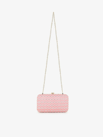 IndiaIsta Pastel Pink & White Box Clutch with Polka Dot Embroidery – Detachable Shoulder Strap & Faux Silk Fabric