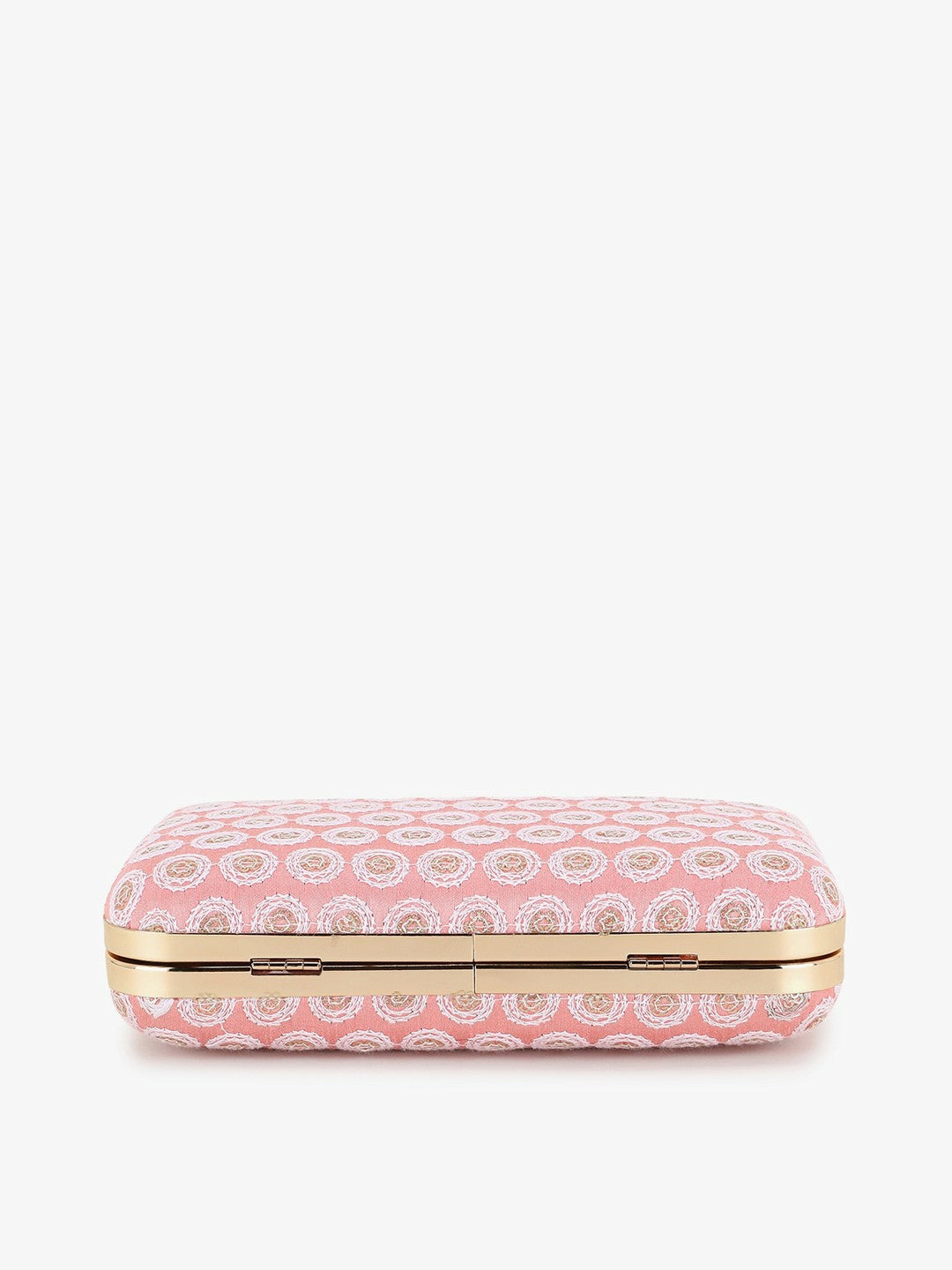 IndiaIsta Pastel Pink & White Box Clutch with Polka Dot Embroidery – Detachable Shoulder Strap & Faux Silk Fabric