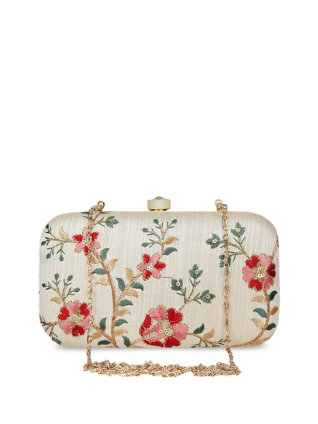 Off-White Embroidered Clutch Bag with Shoulder Strap – Elegant Evening Accessory