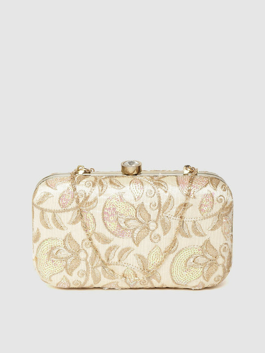 Beige & Gold-Toned Floral Embroidered Clutch Bag with Sequinned Detail – Detachable Shoulder Strap