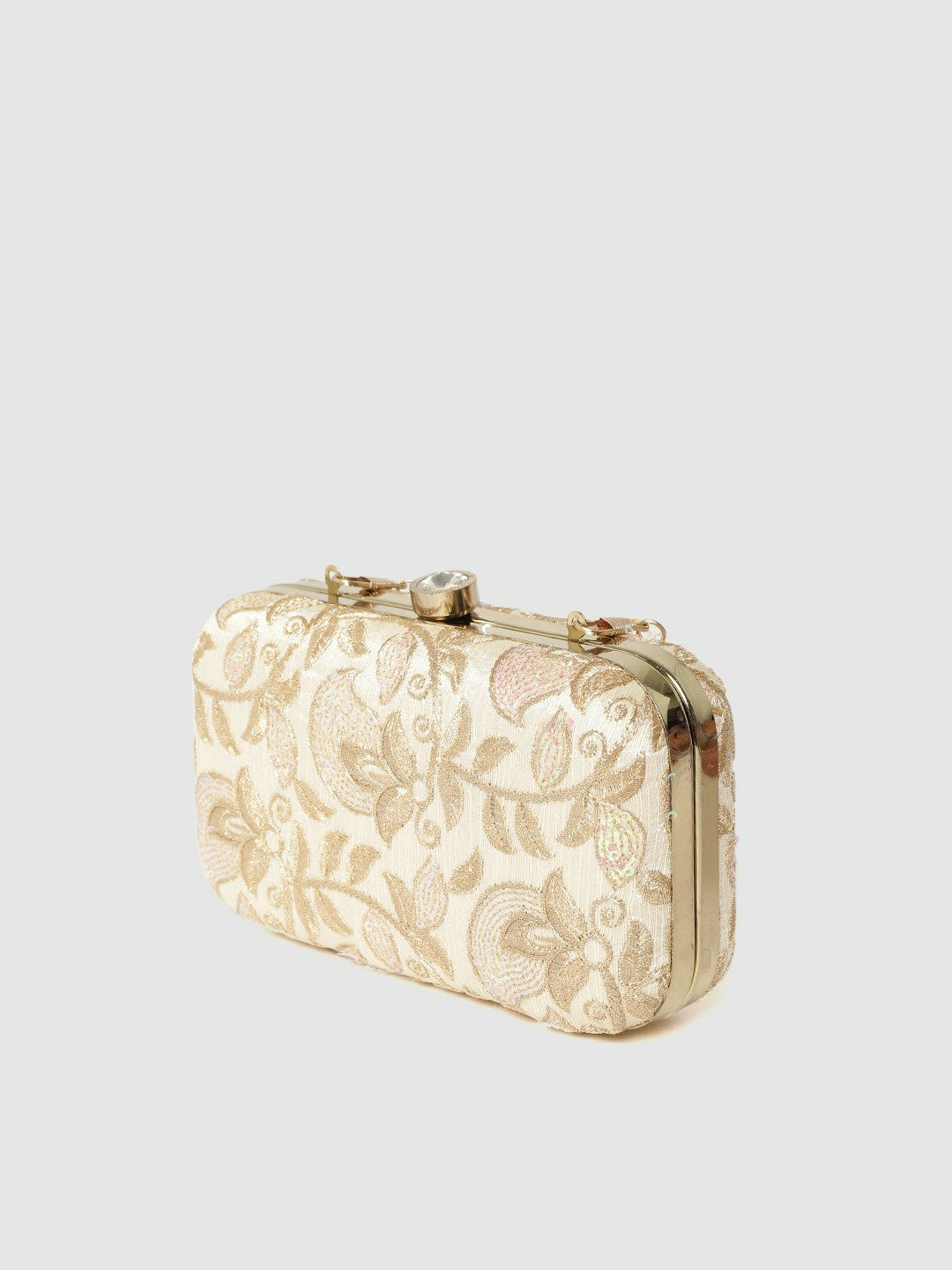 Beige & Gold-Toned Floral Embroidered Clutch Bag with Sequinned Detail – Detachable Shoulder Strap