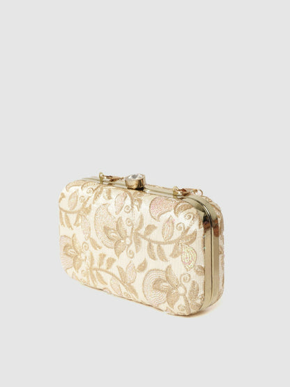 Beige & Gold-Toned Floral Embroidered Clutch Bag with Sequinned Detail – Detachable Shoulder Strap