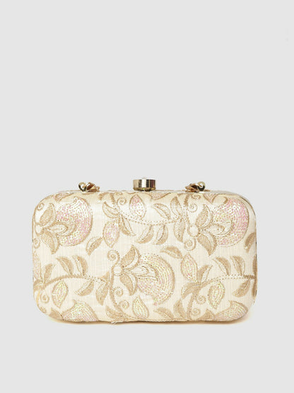 Beige & Gold-Toned Floral Embroidered Clutch Bag with Sequinned Detail – Detachable Shoulder Strap