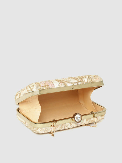 Beige & Gold-Toned Floral Embroidered Clutch Bag with Sequinned Detail – Detachable Shoulder Strap