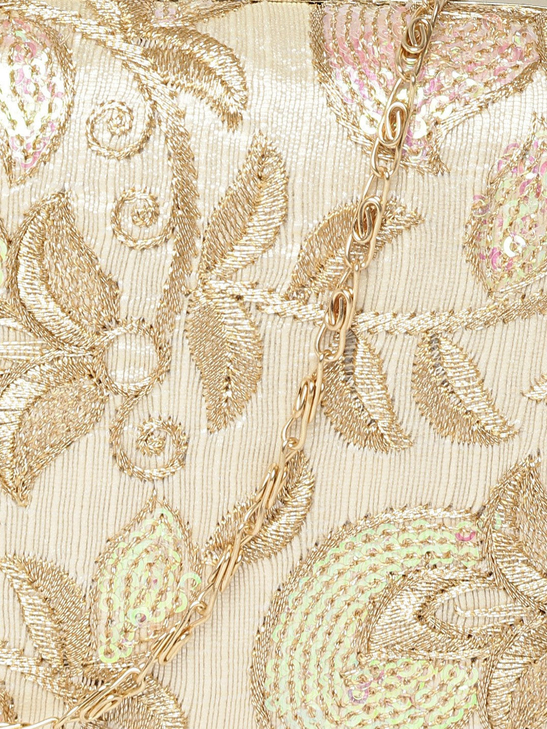 Beige & Gold-Toned Floral Embroidered Clutch Bag with Sequinned Detail – Detachable Shoulder Strap