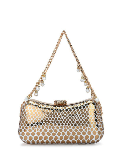 Gold & White Embellished Shoulder Strap Box Clutch