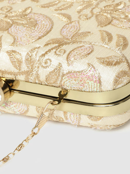 Beige & Gold-Toned Floral Embroidered Clutch Bag with Sequinned Detail – Detachable Shoulder Strap