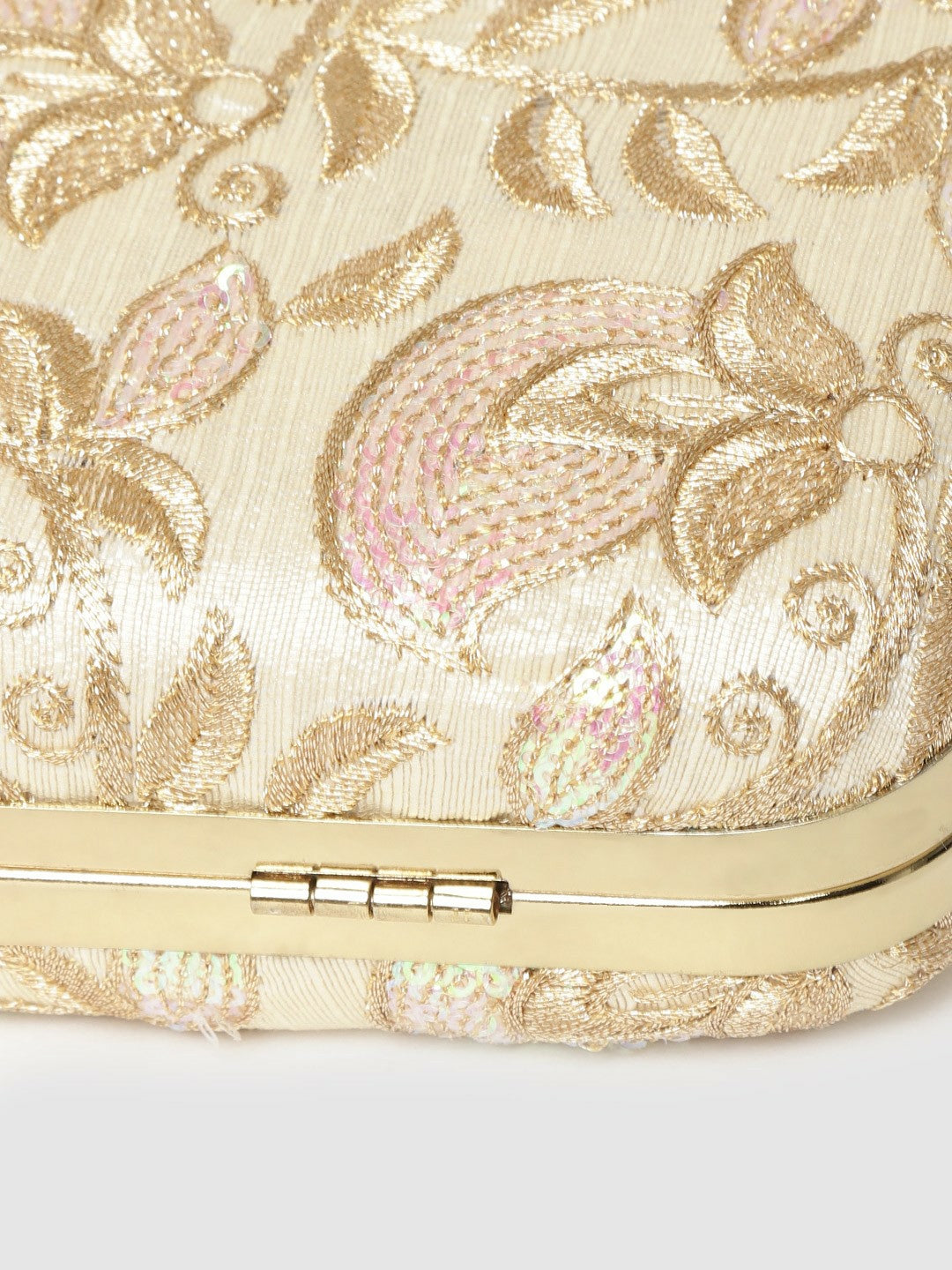 Beige & Gold-Toned Floral Embroidered Clutch Bag with Sequinned Detail – Detachable Shoulder Strap