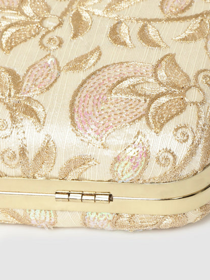 Beige & Gold-Toned Floral Embroidered Clutch Bag with Sequinned Detail – Detachable Shoulder Strap