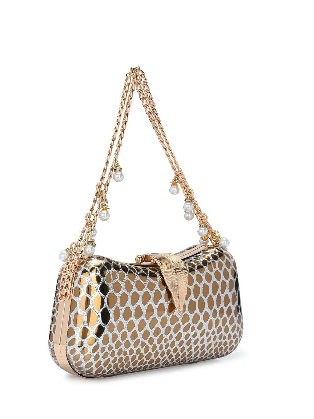 Gold & White Embellished Shoulder Strap Box Clutch
